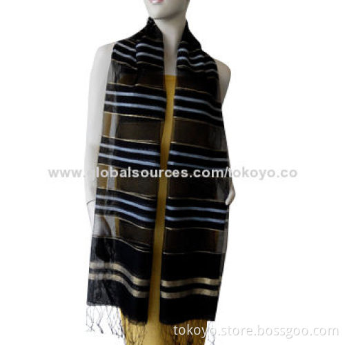 Silk scarf with black stripe and lurex, upmarket, yarn dyed, measures 180*70cm overlocked edges